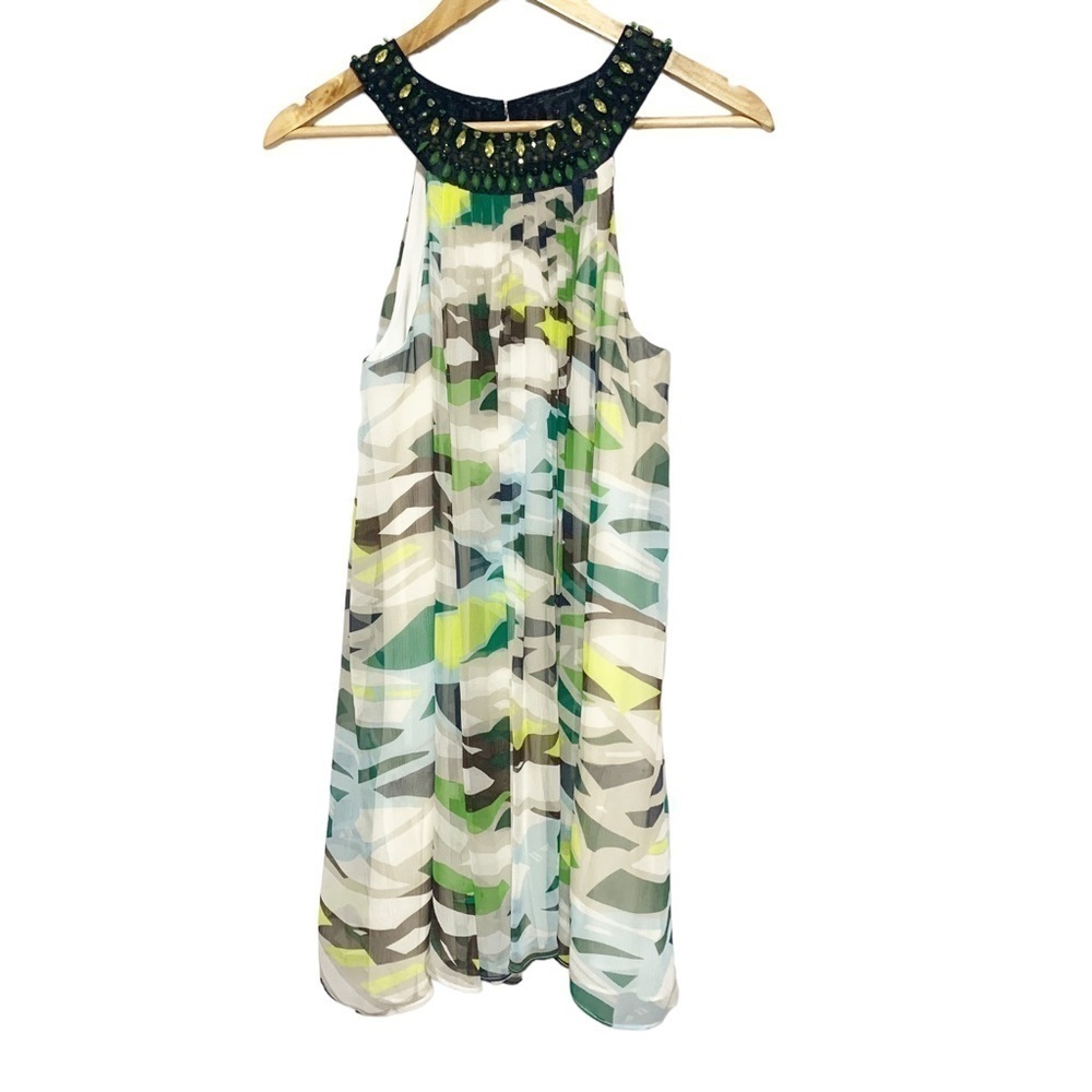 Bcbgmaxazria Silk Mini Dress Green Camouflage Patterned Size 2